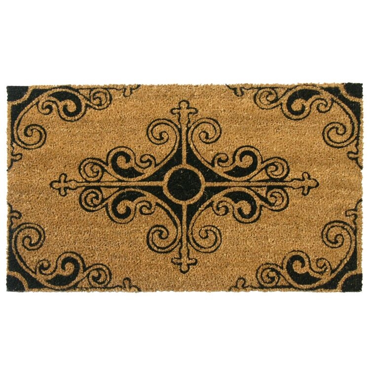 Doormat Traditional French Fleur de Lis Coarse Texture Black Tan