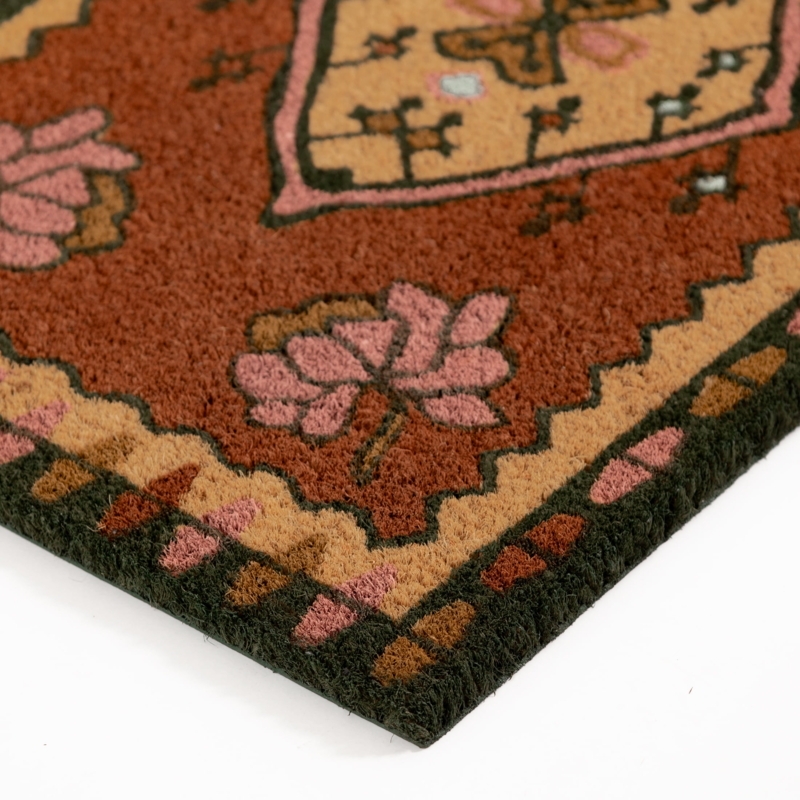Doormat Traditional Persian Coir Terracotta Blush Pink Medallion Motif