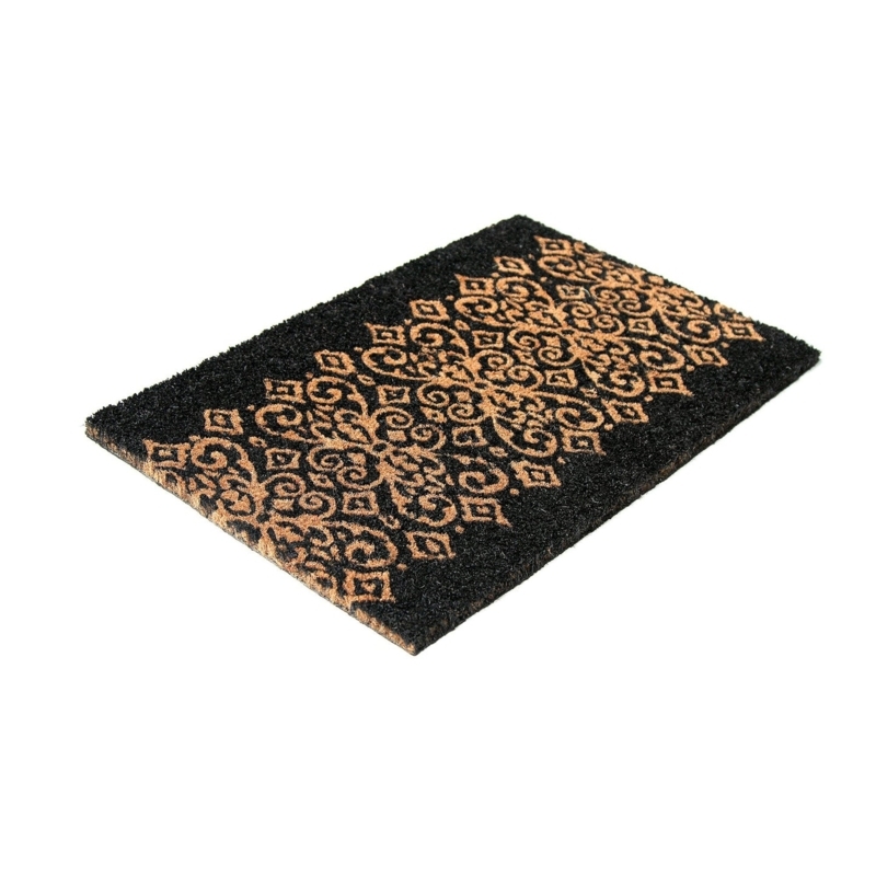 Doormat Traditional Tufted Coir Coarse Texture Tan Scroll Pattern