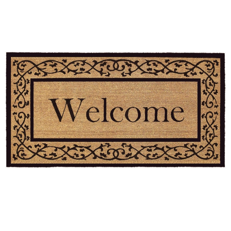 Doormat Traditional Welcome Text Black Scrollwork Border Coir Look