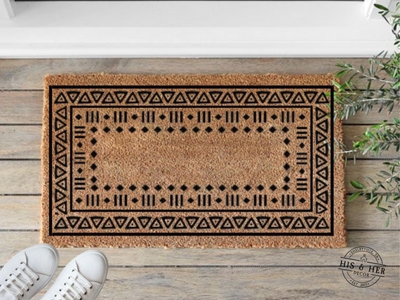 Doormat Tribal Geometric Pattern Natural Coir Black Tan Border