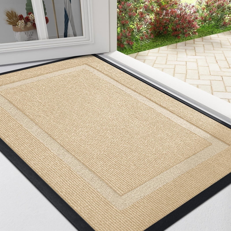 Doormat: Two Tone Tan Ribbed Texture Black Border Entryway Dirt Trapper