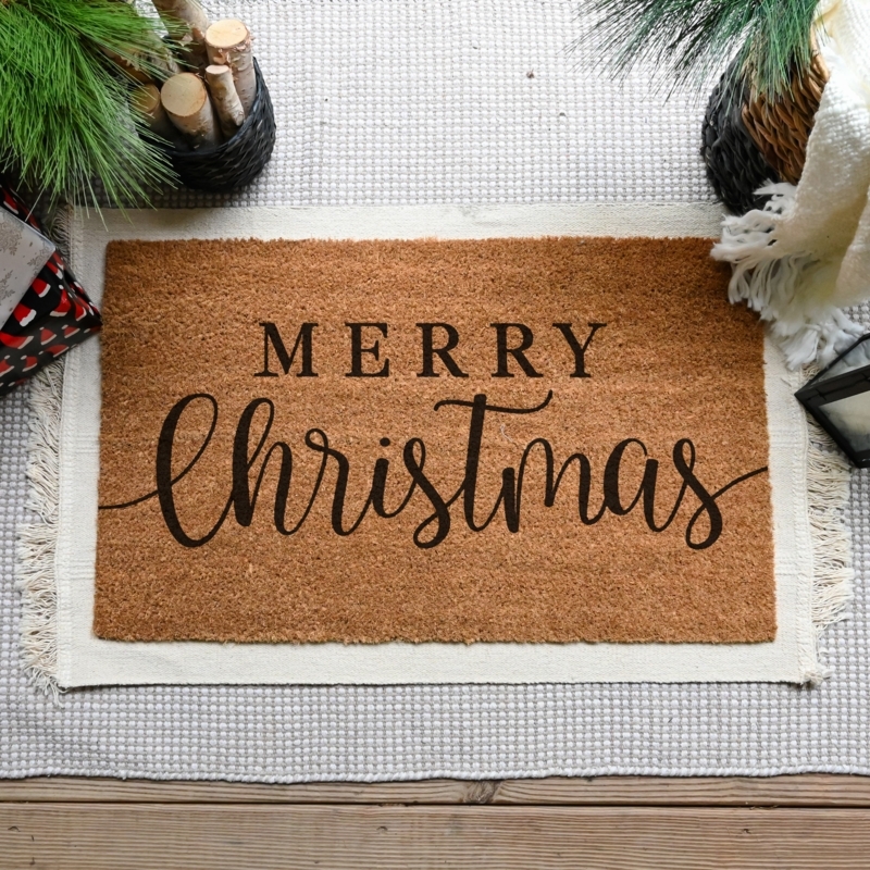 Doormat Typographic Holiday Message, Layered Rug Styling, Natural Coir Doormat Ideas