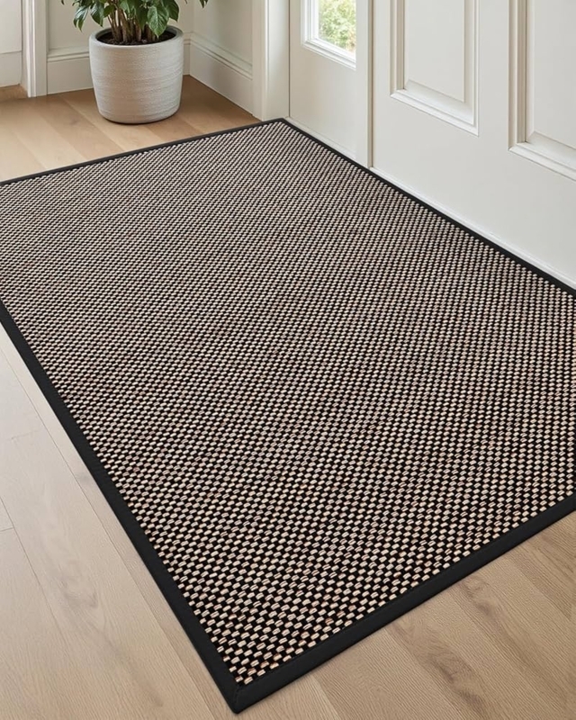 Doormat Ultra Thin Low Profile Rug, Black and Tan Checkered Weave.
