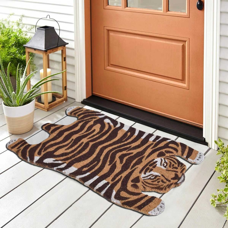 Doormat Unique Tiger Shaped Coir Eclectic Animal Print Decor Orange