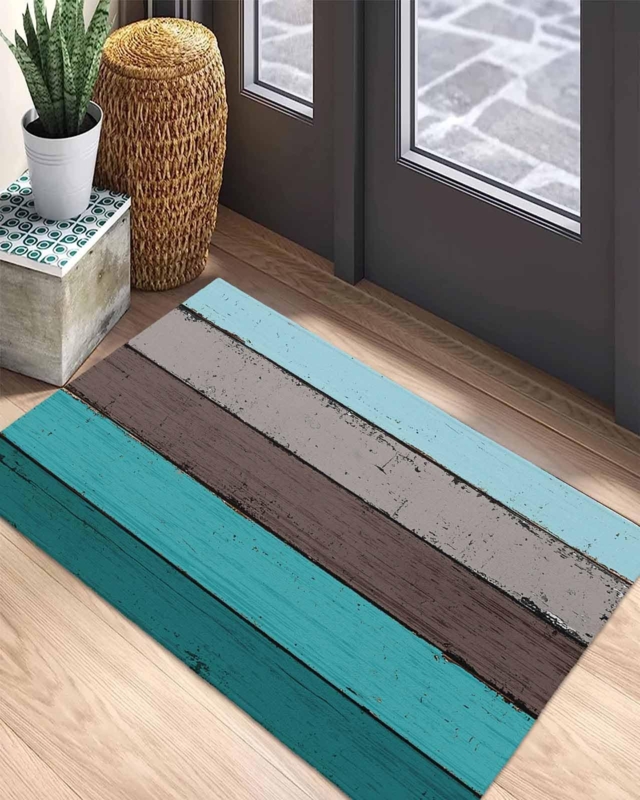 Doormat Vibrant Aqua Accent Weathered Wood Grain Coastal Mudroom Decor