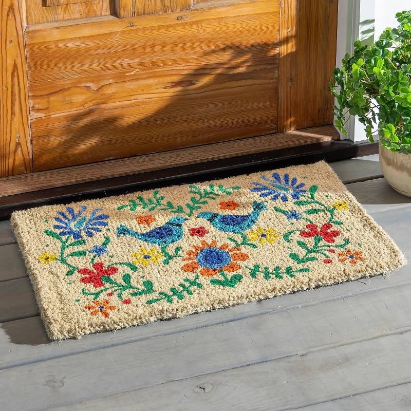 Doormat Vibrant Bird Illustration Talavera Design Bohemian Folk Art