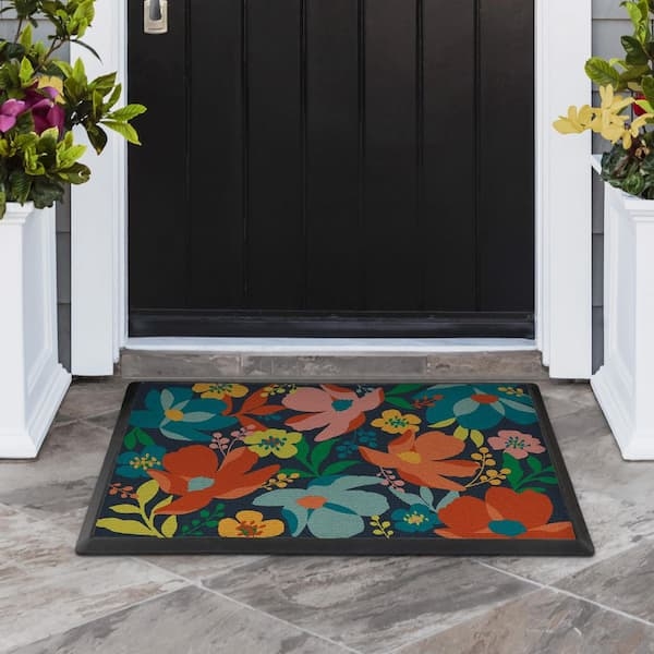 Doormat Vibrant Floral Entryway Mat Oversized Blooms Navy Orange