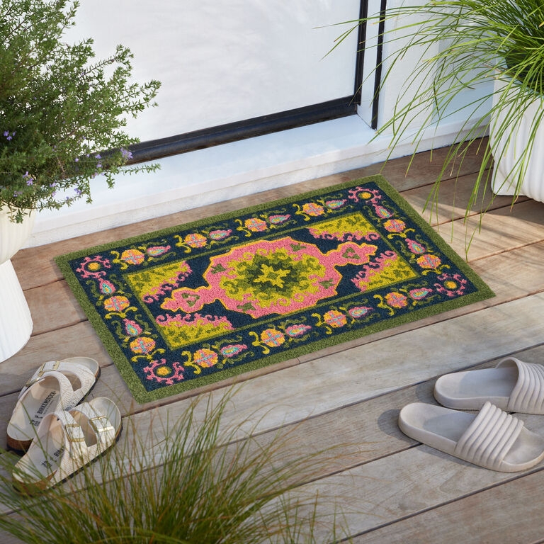 Doormat Vibrant Floral Medallion Navy Pink Lime Bohemian Traditional