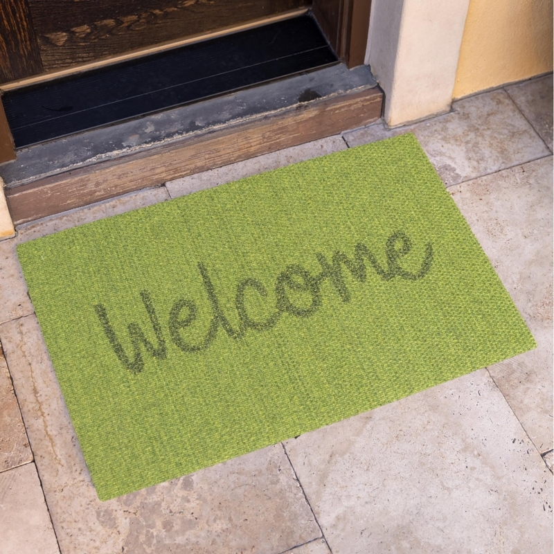 Doormat Vibrant Lime Green Sisal Look Textured Welcome Script