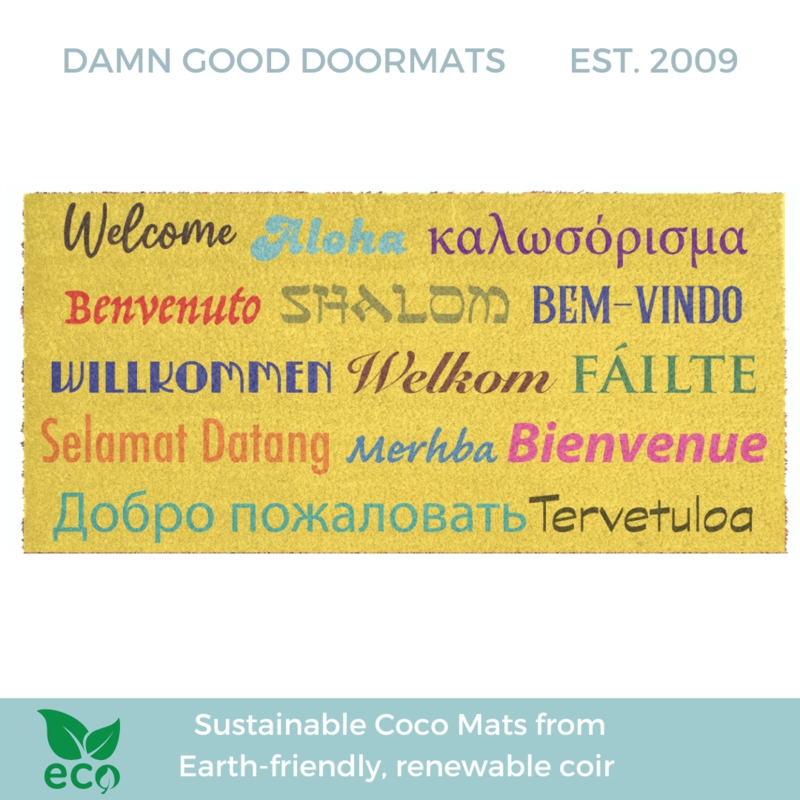 Doormat Vibrant Yellow Entry Rug with Global Greeting Text