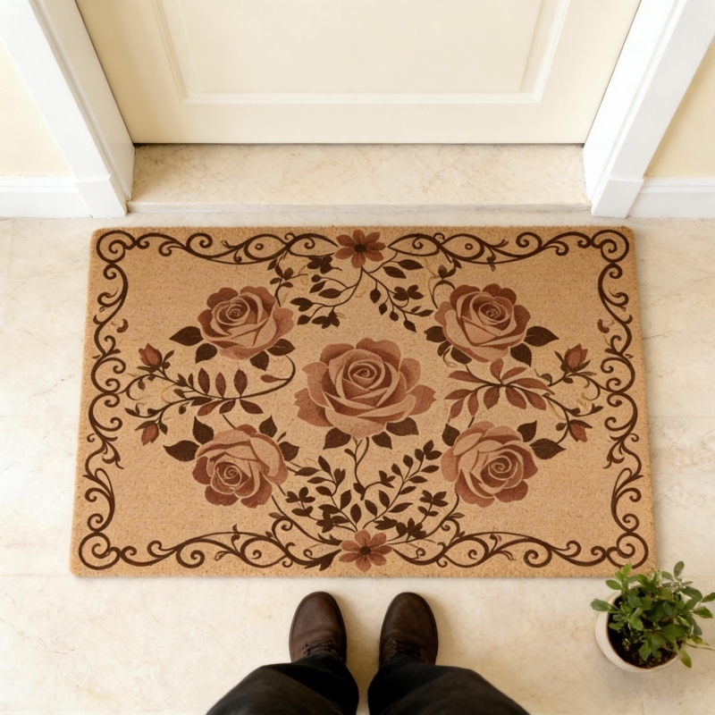 Doormat Victorian Floral Motif Rose Pattern Coir Ornate Border Tan