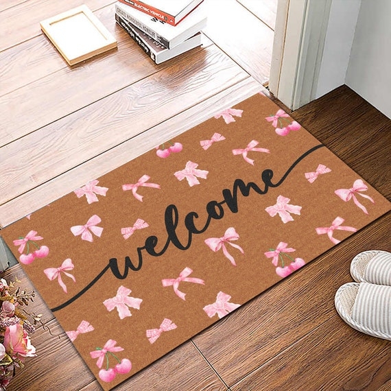 Doormat Watercolor Pink Bow and Cherry Motif Script Text Coquette