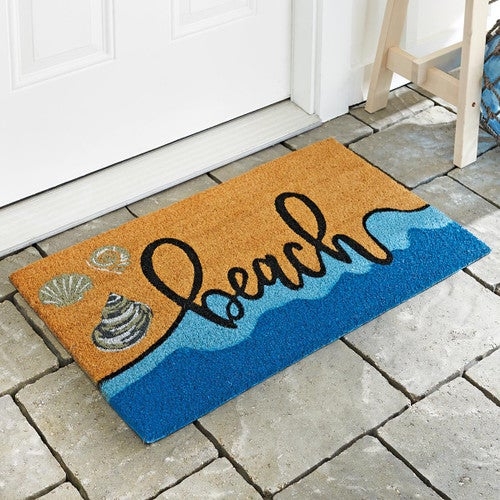 Doormat Wave Motif Cursive Beach Text Seashell Graphics Coir Fiber