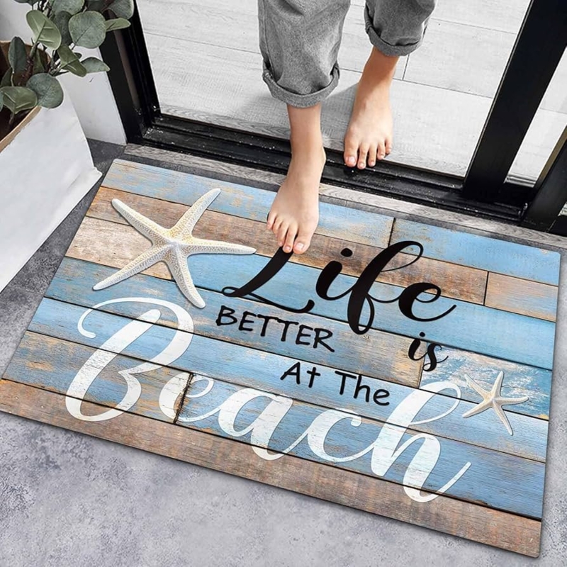 Doormat Weathered Wood Print Coastal Starfish Motif Beach House Welcome