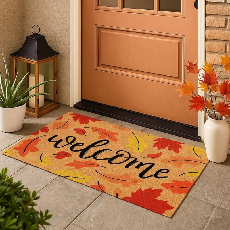 Doormat Welcome Script Maple Leaf Motif Autumn Harvest Entryway Decor