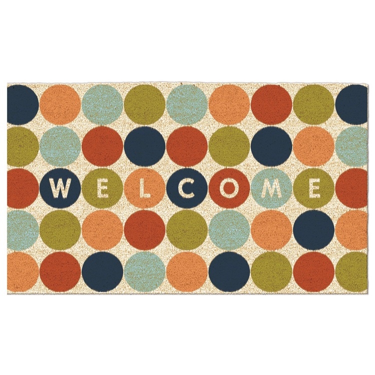 Doormat Welcome Text In Colored Dots Earthy Rust Olive Navy Coir