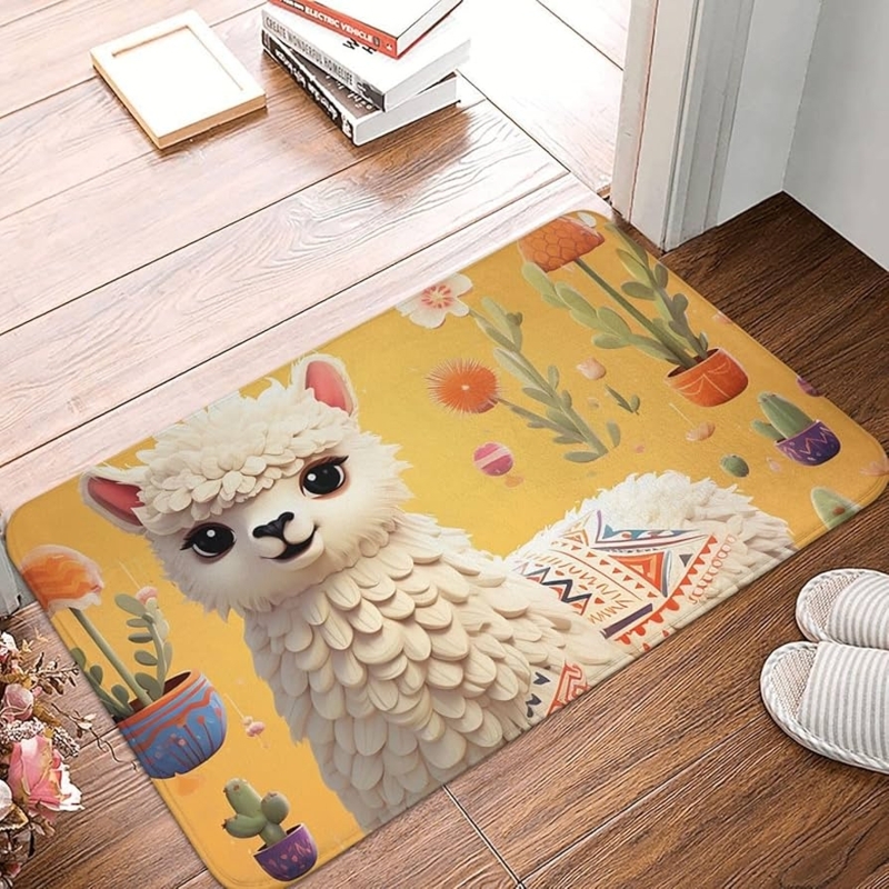 Doormat Whimsical Alpaca Motif Bright Yellow Cute Cartoon Print