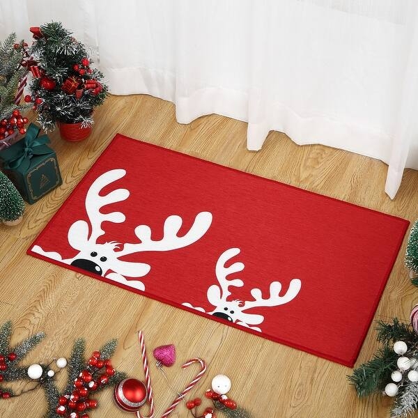 Doormat Whimsical Reindeer Graphic, Bright Red Low Profile Festive Rug