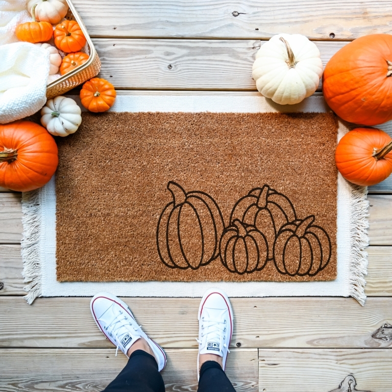 Doormat White Fringe Pumpkin Line Art Natural Fiber Modern Farmhouse