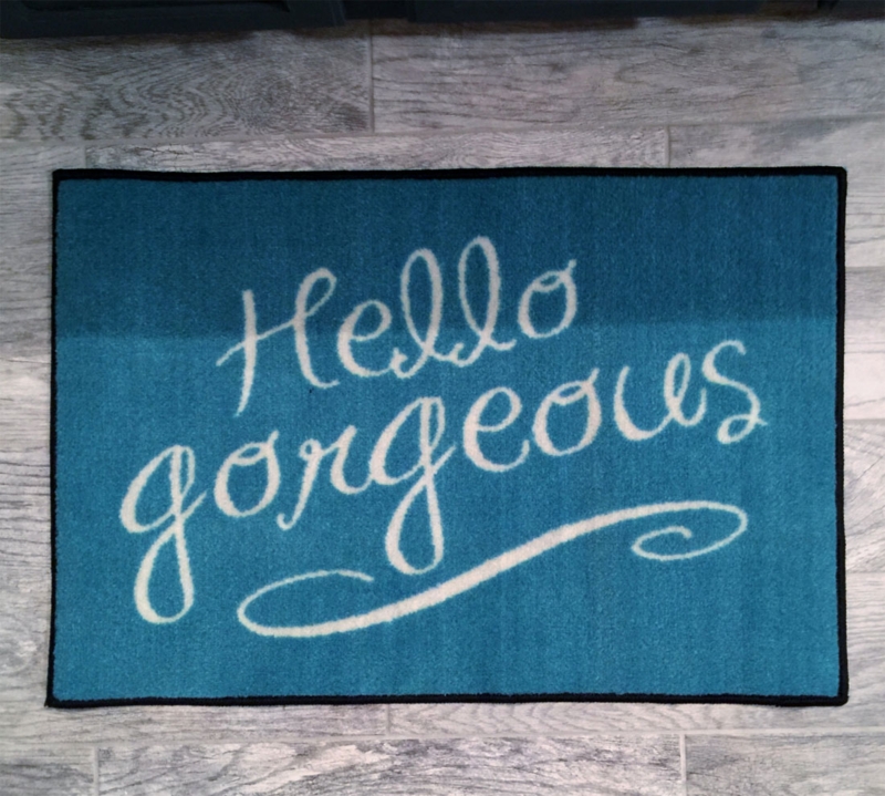 Doormat White Script Cursive Lettering Playful Bold Greeting