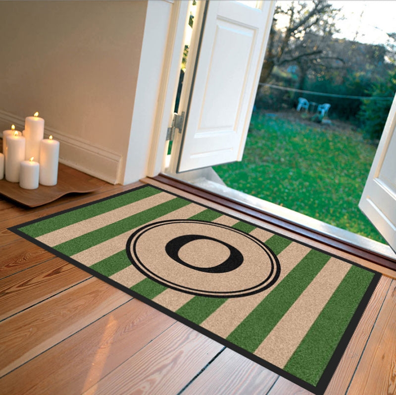 Doormat Wide Green Tan Stripes Monogrammed Initial Farmhouse Rug