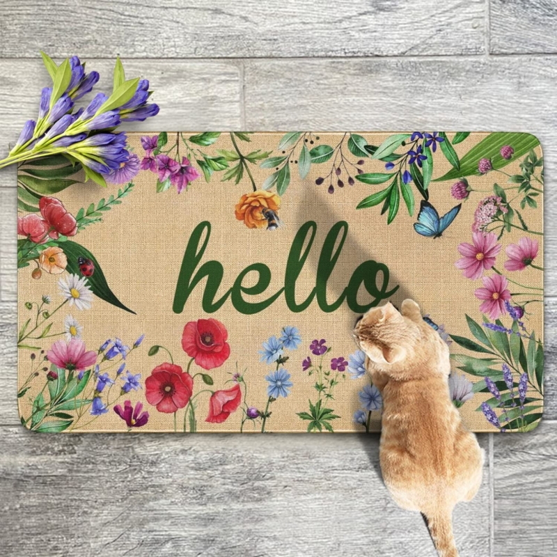 Doormat Wildflower Border Script Hello Burlap Look Farmhouse Entryway