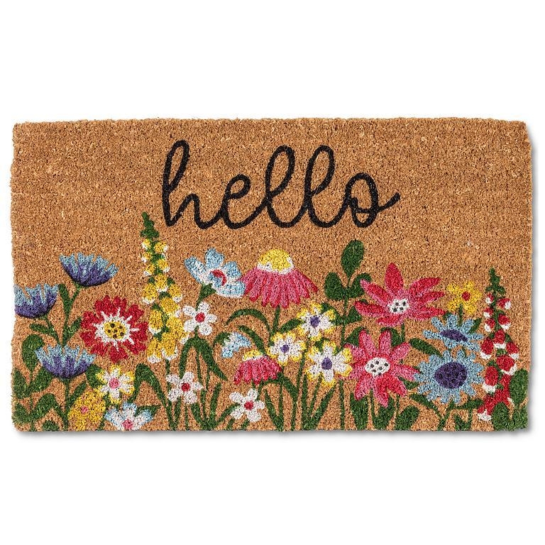 Doormat Wildflower Garden Motif Cursive Hello Coir Botanical Entryway