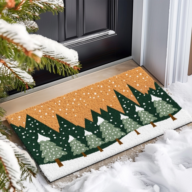 Doormat Winter Forest Motif Coir Fiber Rustic Seasonal