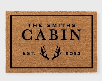 Doormat with Antler Graphic, Personalized Cabin Text, Coir Like Material