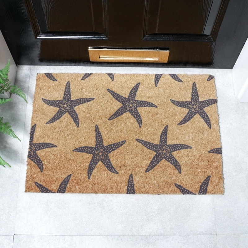 Doormat with Charcoal Starfish Print on Coir Texture.