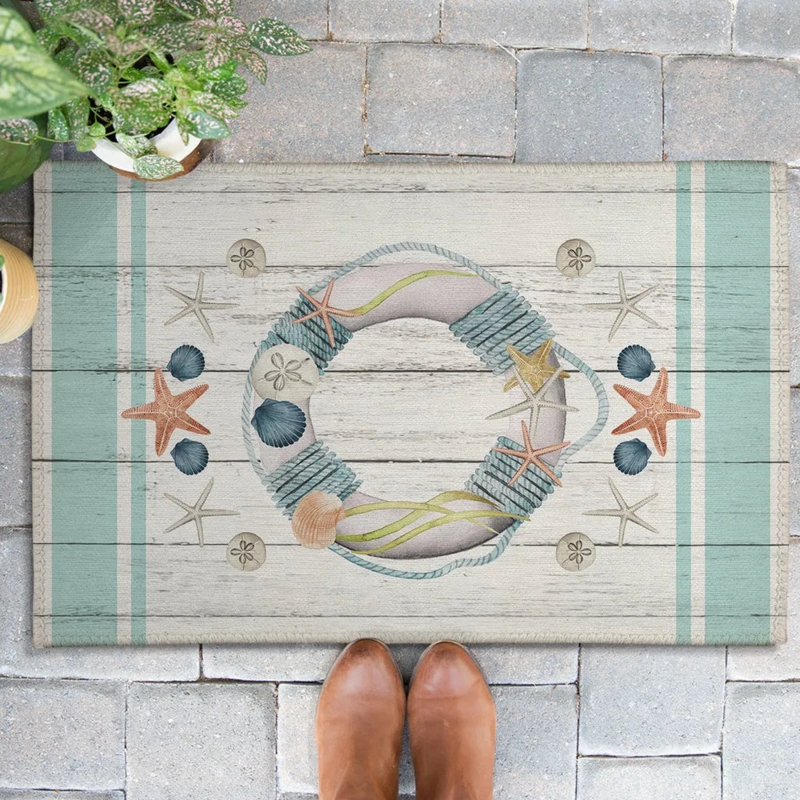 Doormat with Coastal Reef Motif and Teal Striped Border.