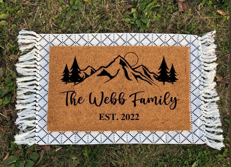Doormat with Layered Mat Look, Mountain Graphic, Personalized Coir, Fringed