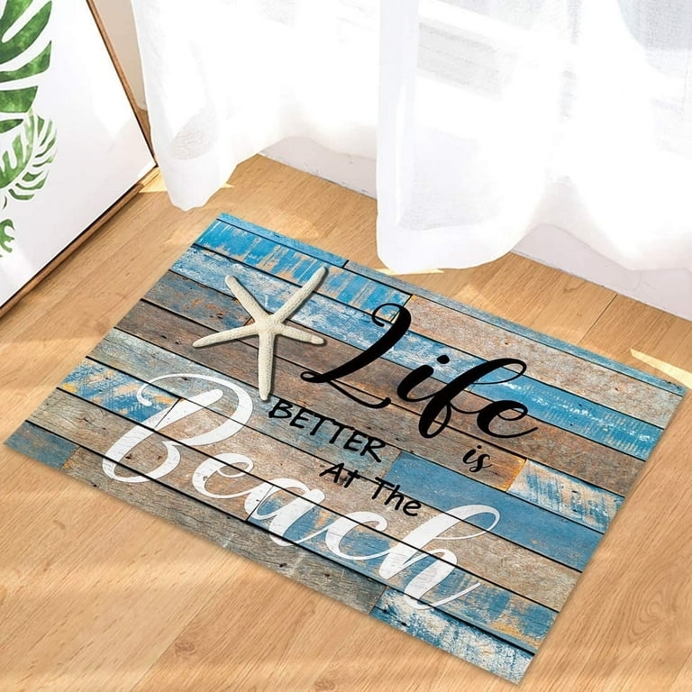 Doormat with "Life is Better at the Beach" Coastal Typography.