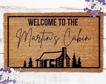 Doormat with Log Cabin Illustration, Personalized Cabin Theme, Coir Texture