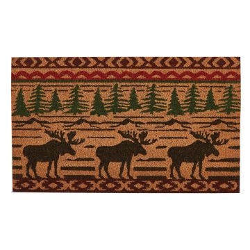 Doormat with Moose Imagery, Geometric Folk Borders, Forest Green Trees