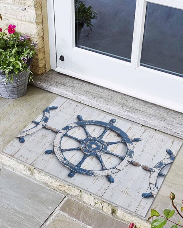 Doormat with Nautical Wheel Motif on Weathered Plank Background.