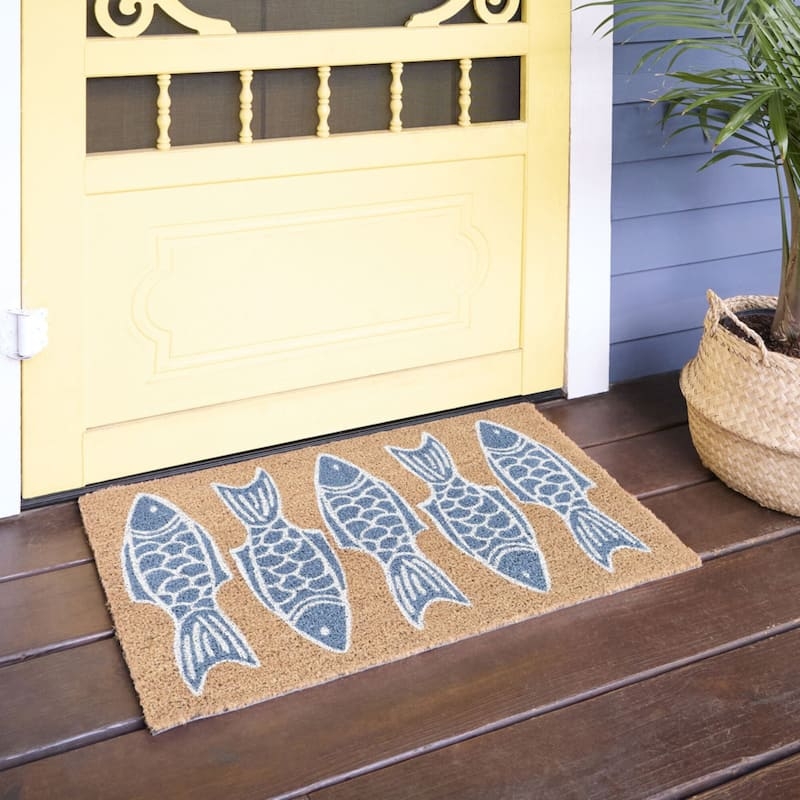 Doormat with Navy Fish Print on Natural Coir Base.