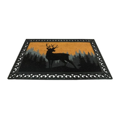 Doormat with Ornate Rubber Border, Deer Silhouette, Forest Landscape Graphic