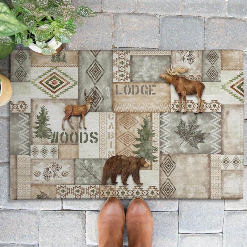 Doormat with Patchwork Wildlife Design, Printed Typography, Earthy Colors