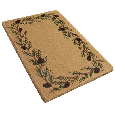 Doormat with Pinecone Border, Natural Fiber Look, Botanical Pattern, Coir