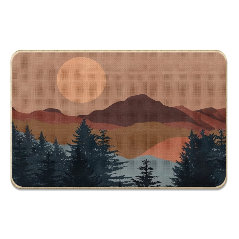 Doormat with Rounded Corners, Landscape Graphic, Bohemian Style, Earthy
