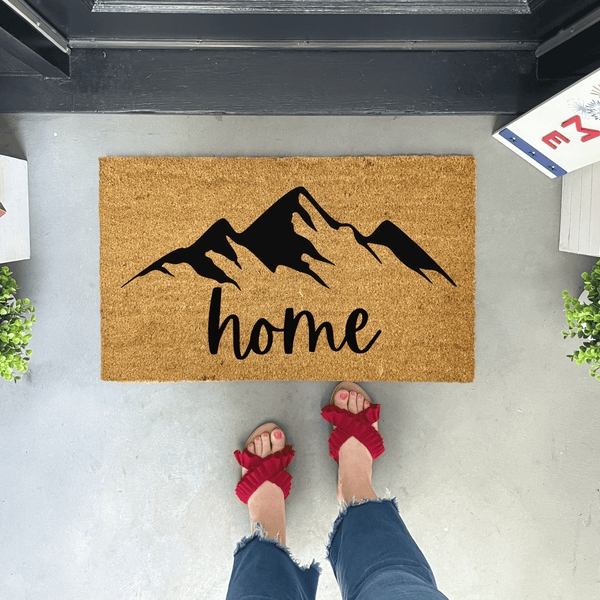 Doormat with Script Home Text, Mountain Silhouette, Natural Coir, Farmhouse