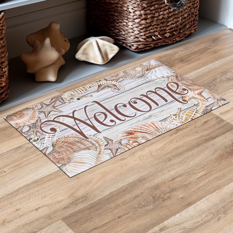 Doormat with Sea Life Illustrations on Faux Wood Print.