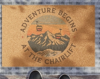 Doormat with Ski Themed Graphic, Circular Typography, Coir Fiber, Tan