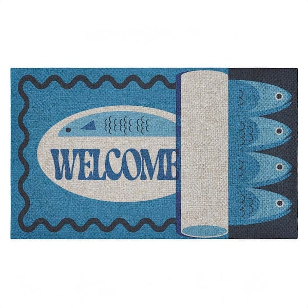 Doormat with Tuna Silhouette Graphics and Navy Wavy Border.