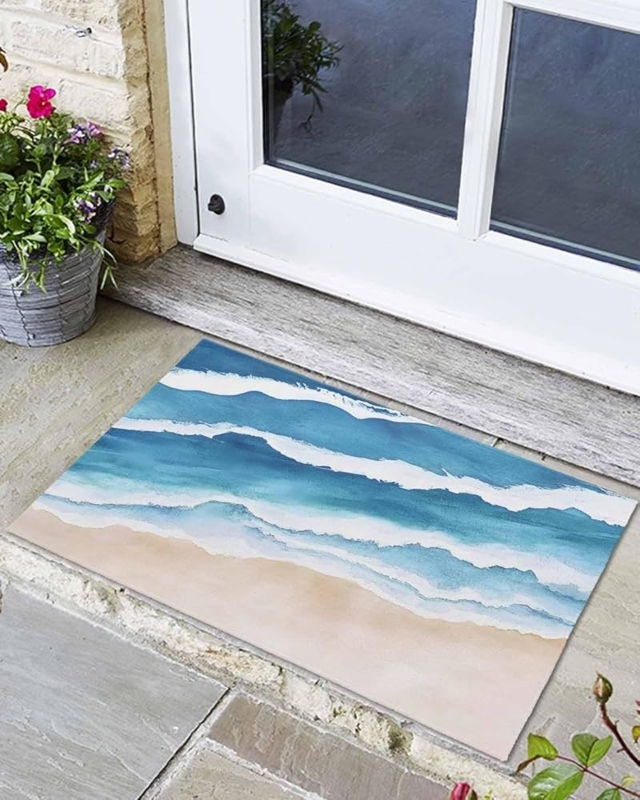 Doormat with Watercolor Beach Print and Ocean Wave Pattern.