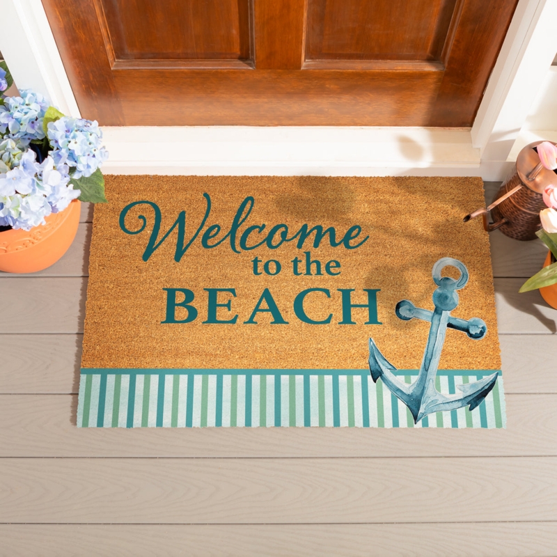 Doormat with Watercolor Style Anchor and Striped Border.