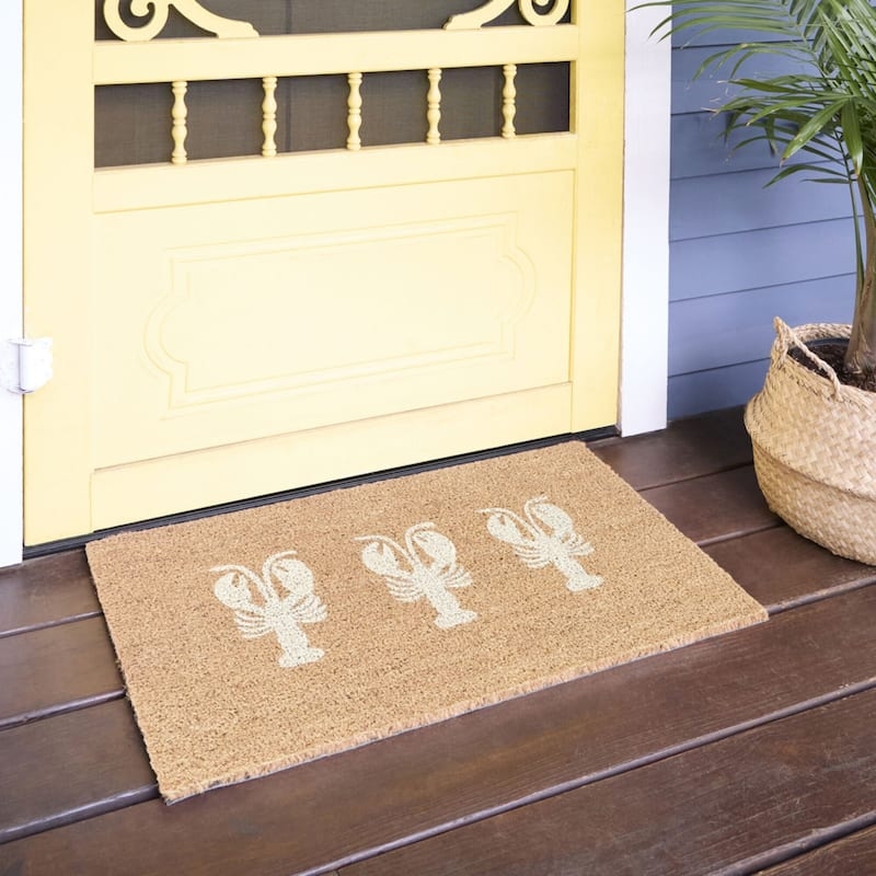 Doormat with White Lobster Motif on Coir Like Texture.