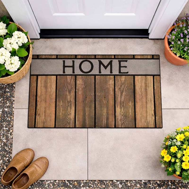 Doormat Wood Plank Print Rubber HOME Text